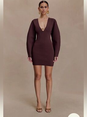 NWT Meshki Billy balloon sleeve knit mini dress - dark chocolate